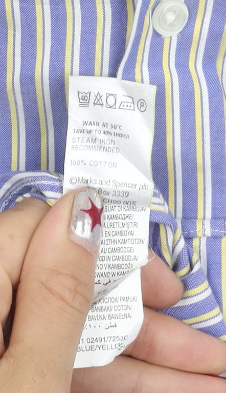Marks and Spencer Men's Blue Striped Cotton Button-Up Shirt 15.5 Regular Fit