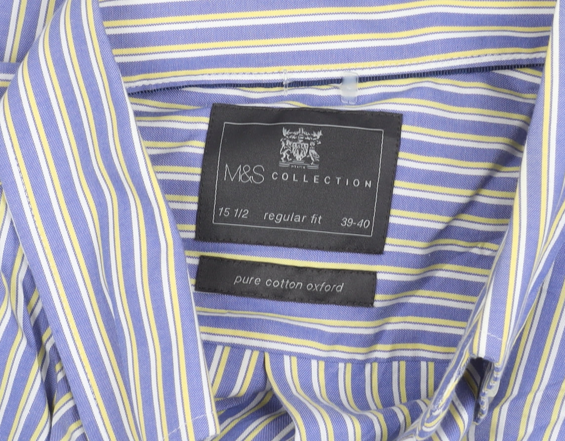 Marks and Spencer Men's Blue Striped Cotton Button-Up Shirt 15.5 Regular Fit