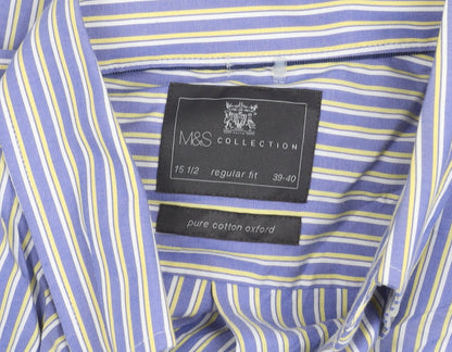 Marks and Spencer Men's Blue Striped Cotton Button-Up Shirt 15.5 Regular Fit