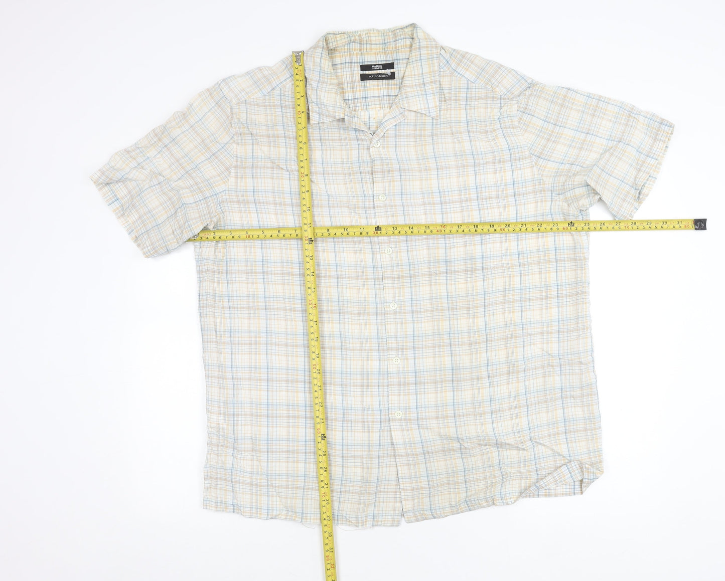 Marks and Spencer Men’s Beige Check XL Short Sleeve Button-Up Shirt 44-46 in