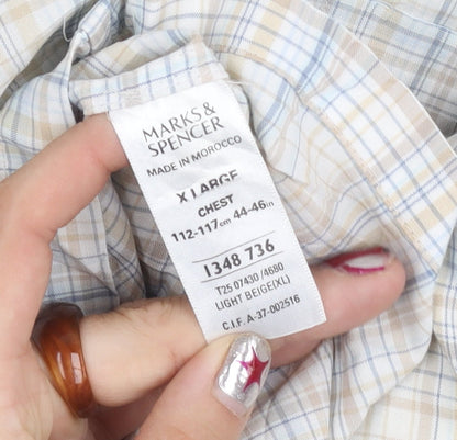Marks and Spencer Men’s Beige Check XL Short Sleeve Button-Up Shirt 44-46 in