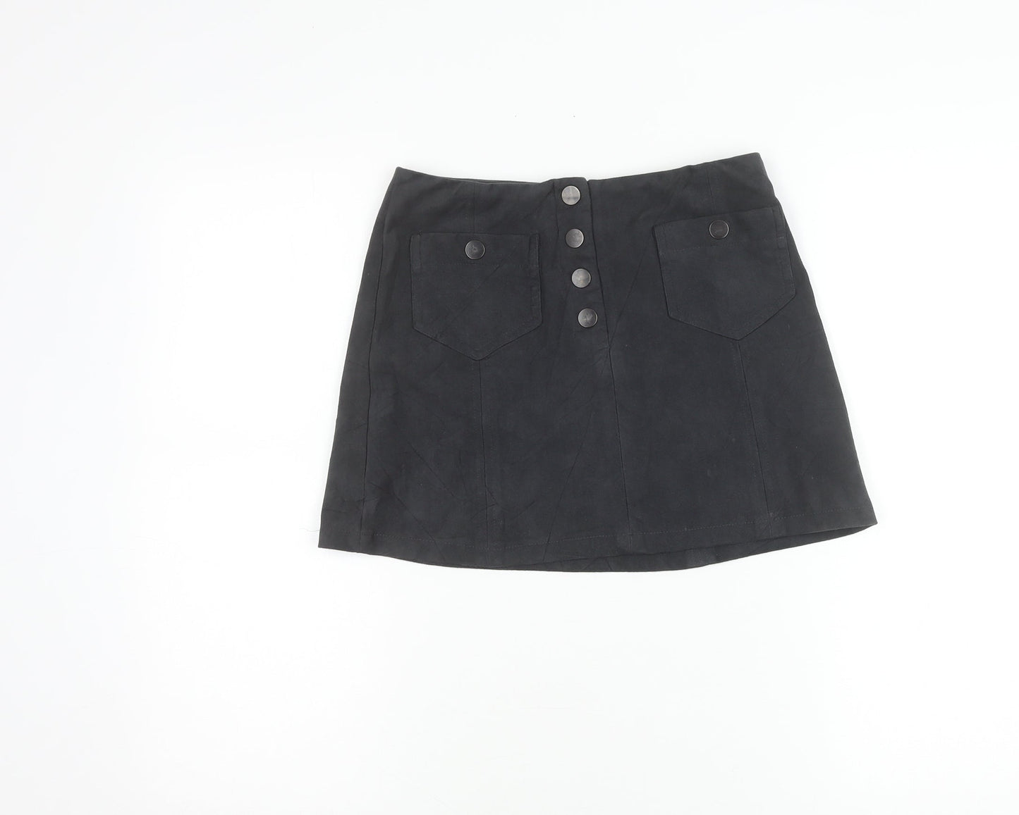 Next Girls Black Suede Look A-Line Skirt 11 Years Button Front Pockets