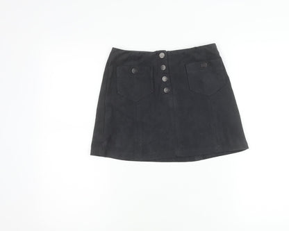 Next Girls Black Suede Look A-Line Skirt 11 Years Button Front Pockets