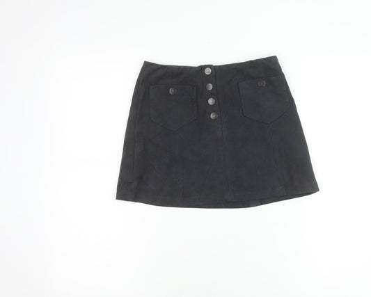 Next Girls Black Suede Look A-Line Skirt 11 Years Button Front Pockets