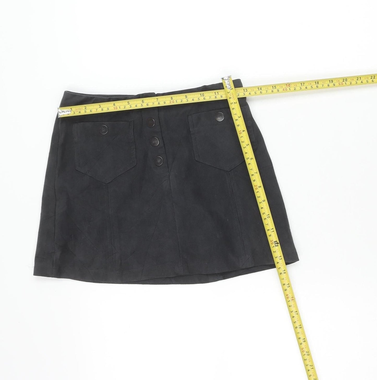 Next Girls Black Suede Look A-Line Skirt 11 Years Button Front Pockets