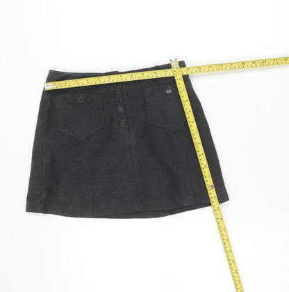 Next Girls Black Suede Look A-Line Skirt 11 Years Button Front Pockets