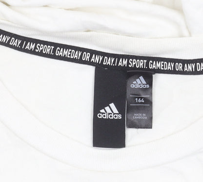 Adidas Boys White Cotton Logo T-Shirt Size 164 Short Sleeve Sports Tee