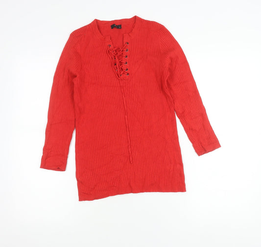 M&Co Women’s Red Tunic Blouse Size 12 Long Sleeve Lace Up V-Neck