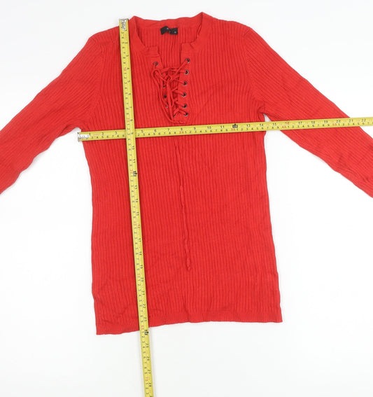 M&Co Women’s Red Tunic Blouse Size 12 Long Sleeve Lace Up V-Neck