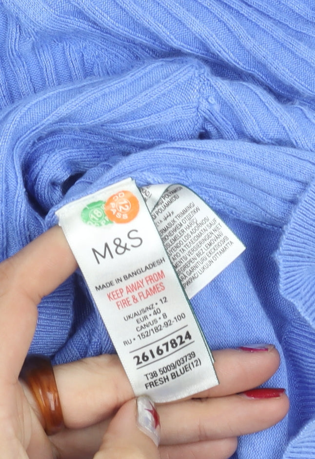Marks and Spencer Women’s Blue Knit Pleated Puff Sleeve Blouse Size 12