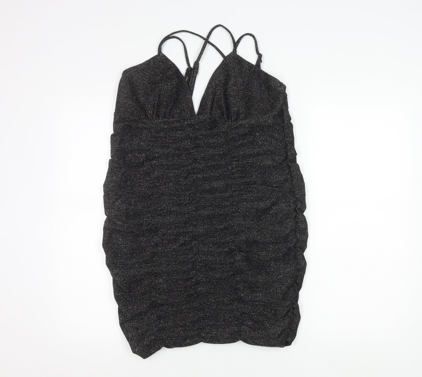 Wild Fable Women’s Black Glitter Bodycon Mini Dress L V-Neck Ruched
