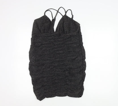 Wild Fable Women’s Black Glitter Bodycon Mini Dress L V-Neck Ruched