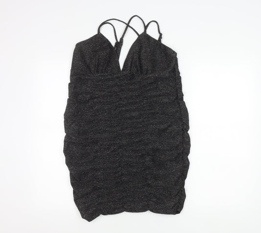 Wild Fable Women’s Black Glitter Bodycon Mini Dress L V-Neck Ruched