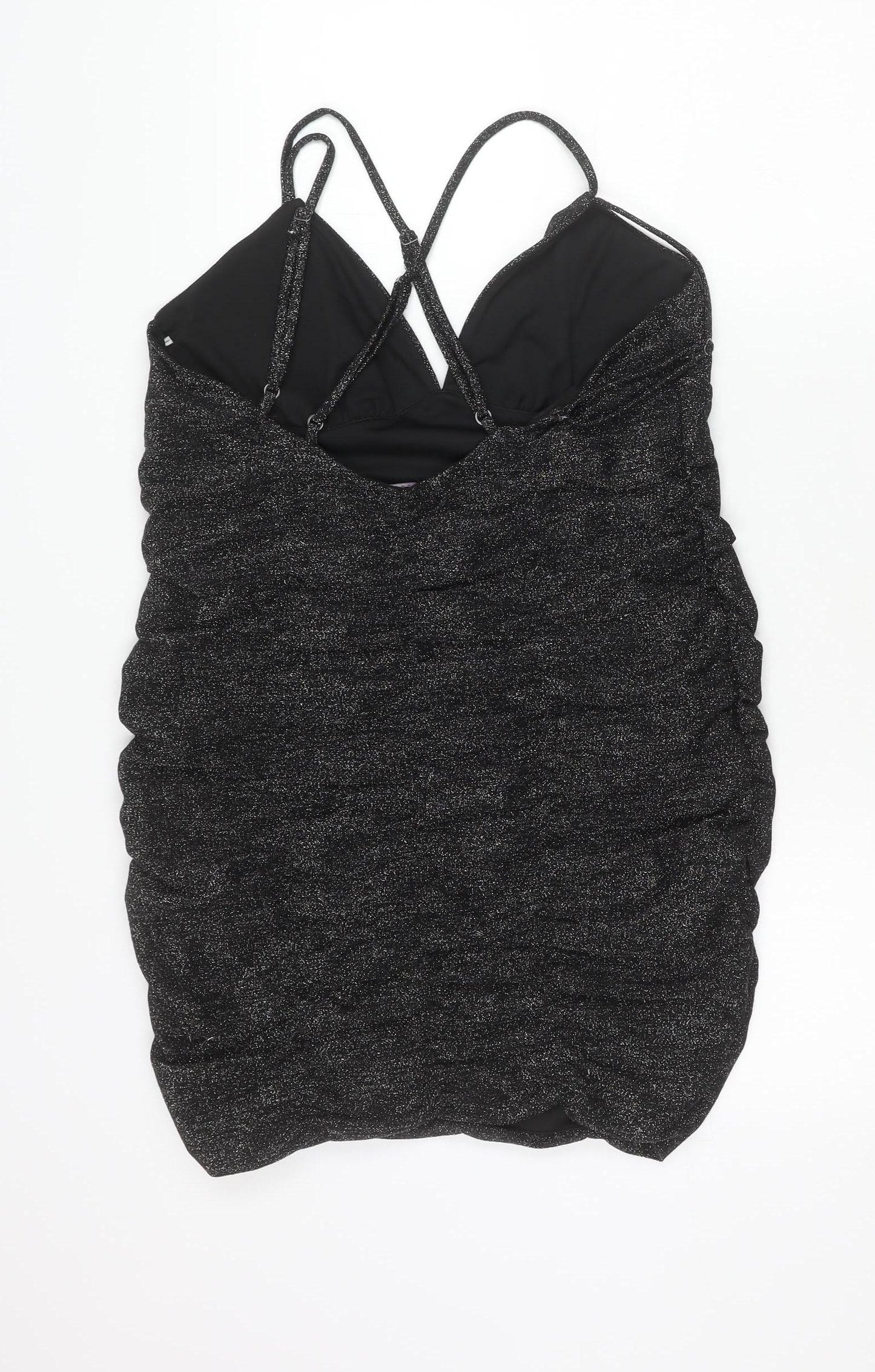 Wild Fable Women’s Black Glitter Bodycon Mini Dress L V-Neck Ruched