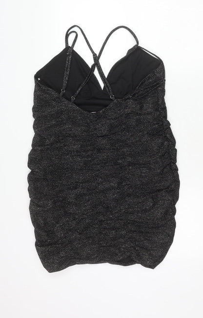 Wild Fable Women’s Black Glitter Bodycon Mini Dress L V-Neck Ruched