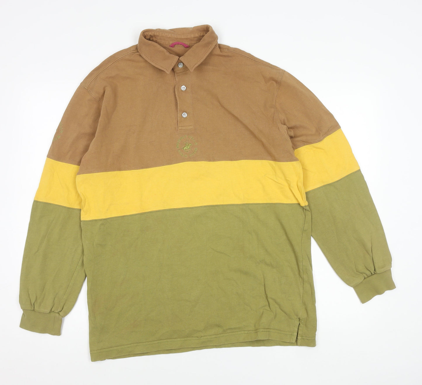 Beverly Hills Polo Club Men’s L Polo Shirt Brown Yellow Green Long Sleeve
