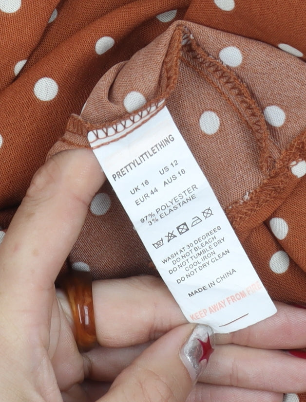 PrettyLittleThing Women’s Brown Polka Dot Wrap Mini Dress Size 16