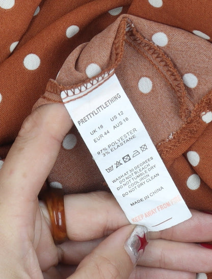 PrettyLittleThing Women’s Brown Polka Dot Wrap Mini Dress Size 16