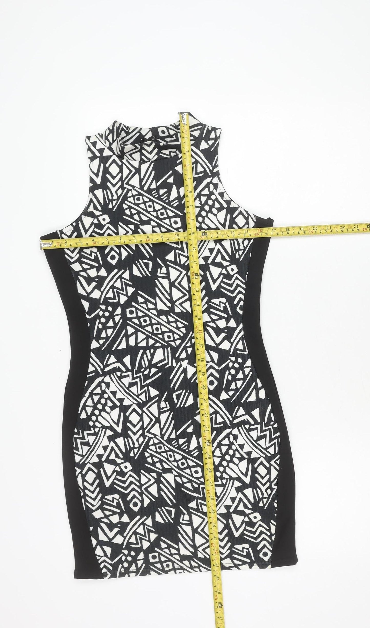 River Island Women’s Black Geometric Bodycon Dress Size 12 Sleeveless