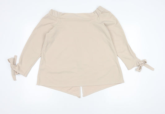 Boohoo Women’s Beige Bardot Tie Sleeve Blouse Top UK 12