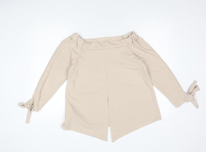 Boohoo Women’s Beige Bardot Tie Sleeve Blouse Top UK 12