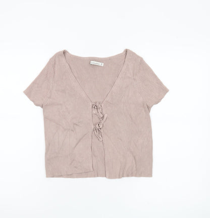 Abercrombie & Fitch Women Beige Knit Cardigan M V-Neck Short Sleeve