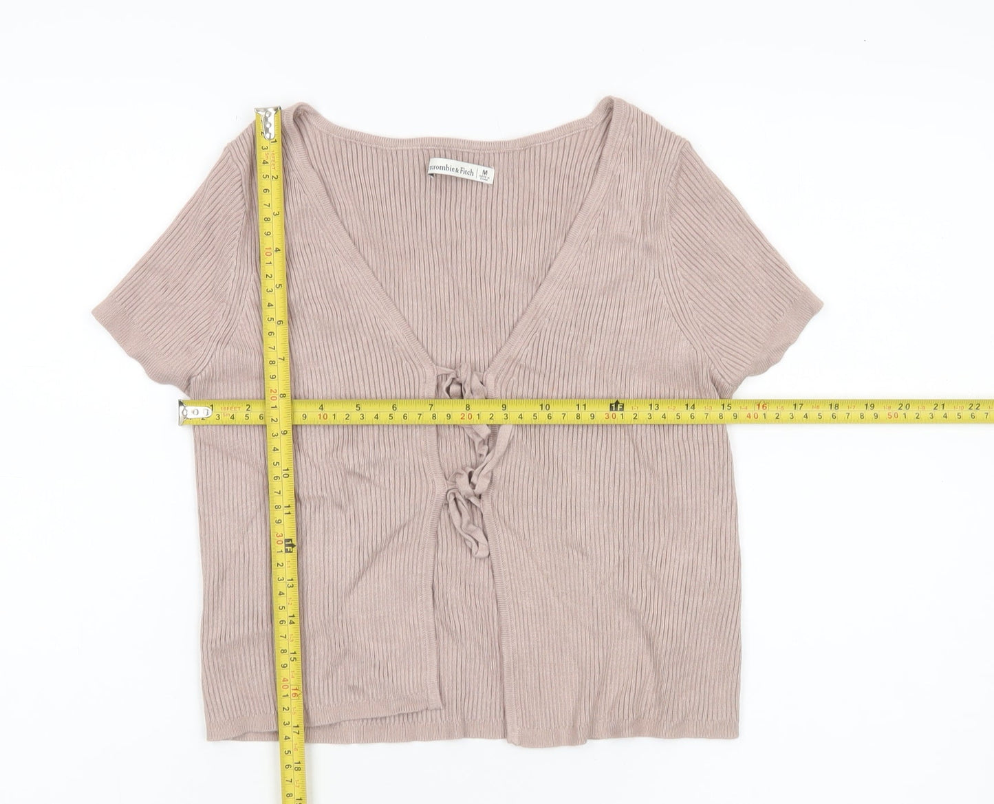 Abercrombie & Fitch Women Beige Knit Cardigan M V-Neck Short Sleeve