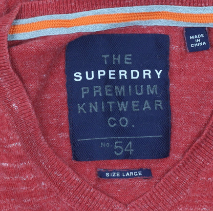 Superdry Mens Red V-Neck Cotton Cashmere Pullover Jumper Size L