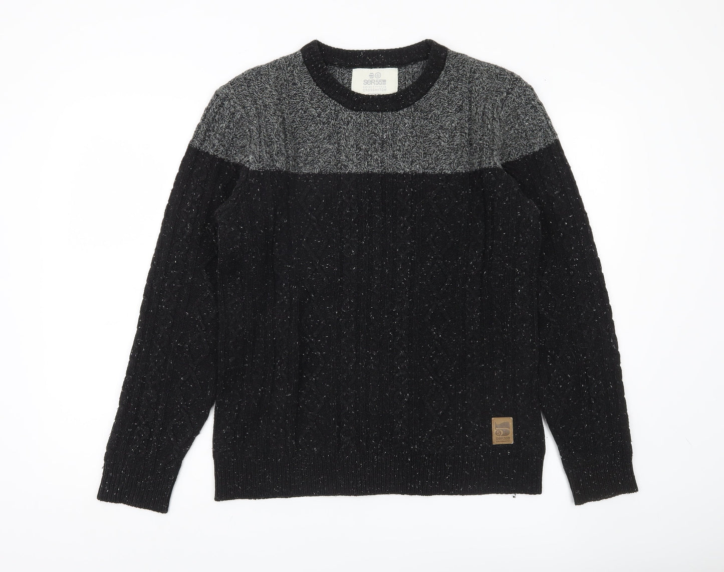 Crosshatch Mens Black Grey Cable-Knit Wool Blend Jumper Size S