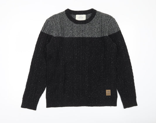 Crosshatch Mens Black Grey Cable-Knit Wool Blend Jumper Size S