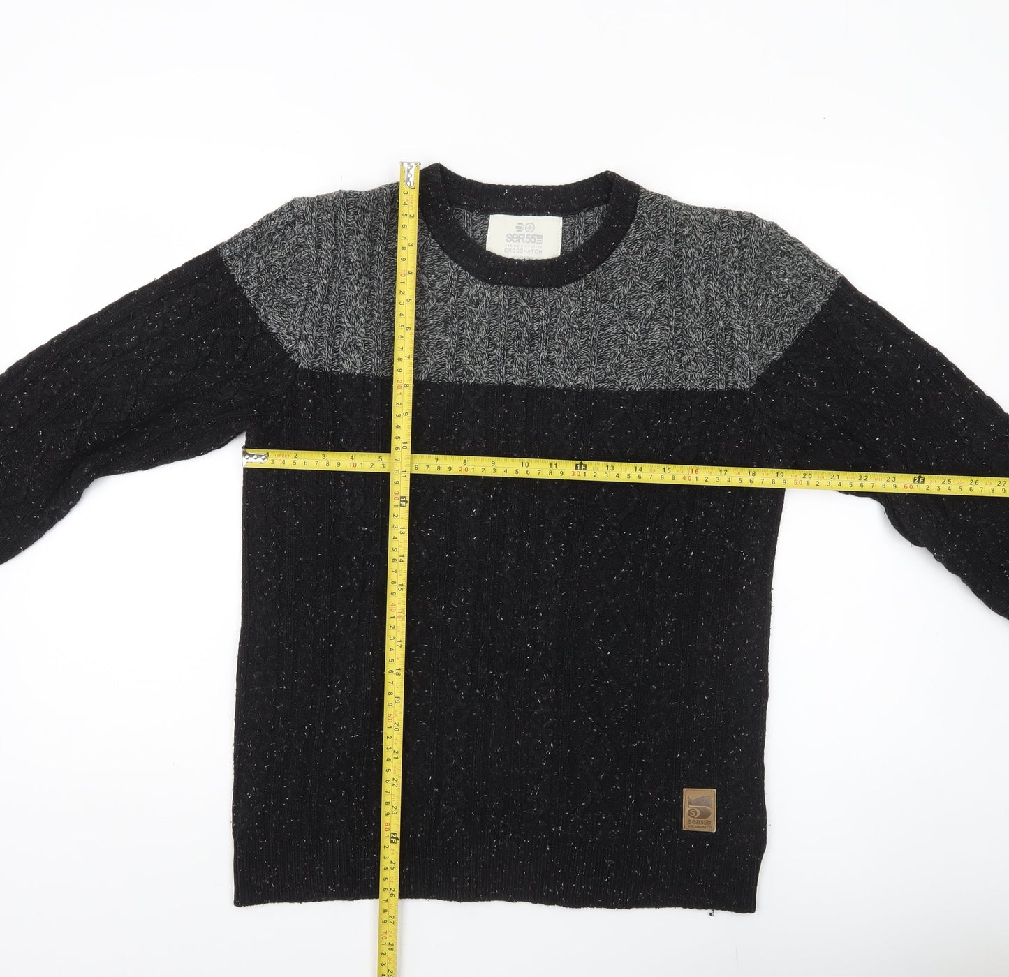 Crosshatch Mens Black Grey Cable-Knit Wool Blend Jumper Size S