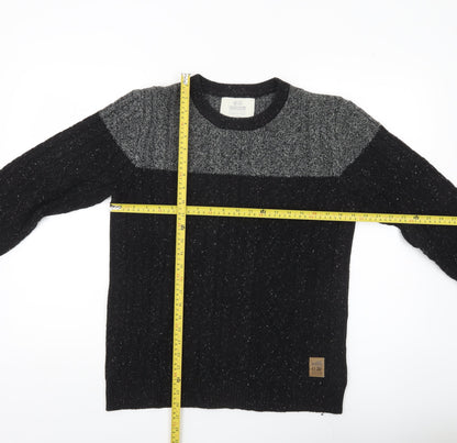 Crosshatch Mens Black Grey Cable-Knit Wool Blend Jumper Size S