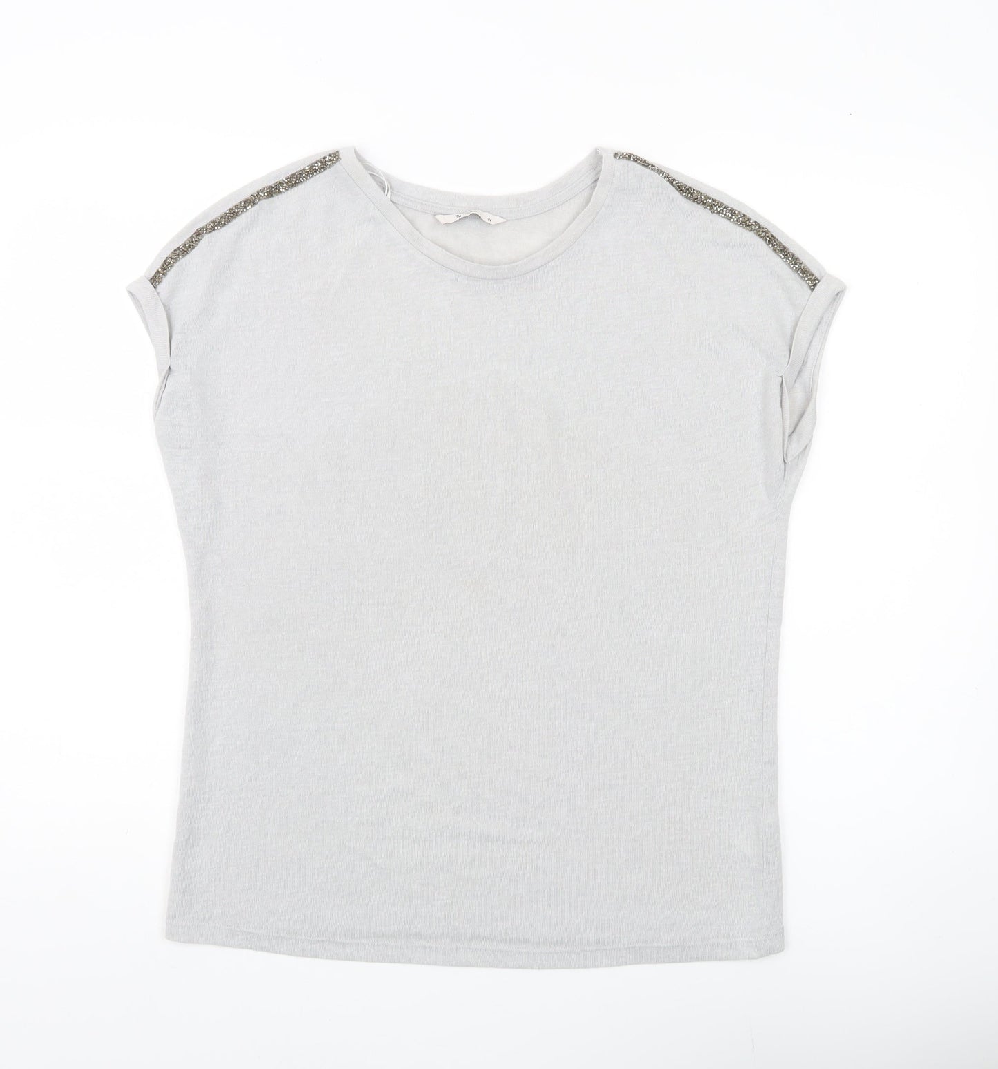 Tu Women Grey Sequin Shoulder Crew Neck T-Shirt Size 14