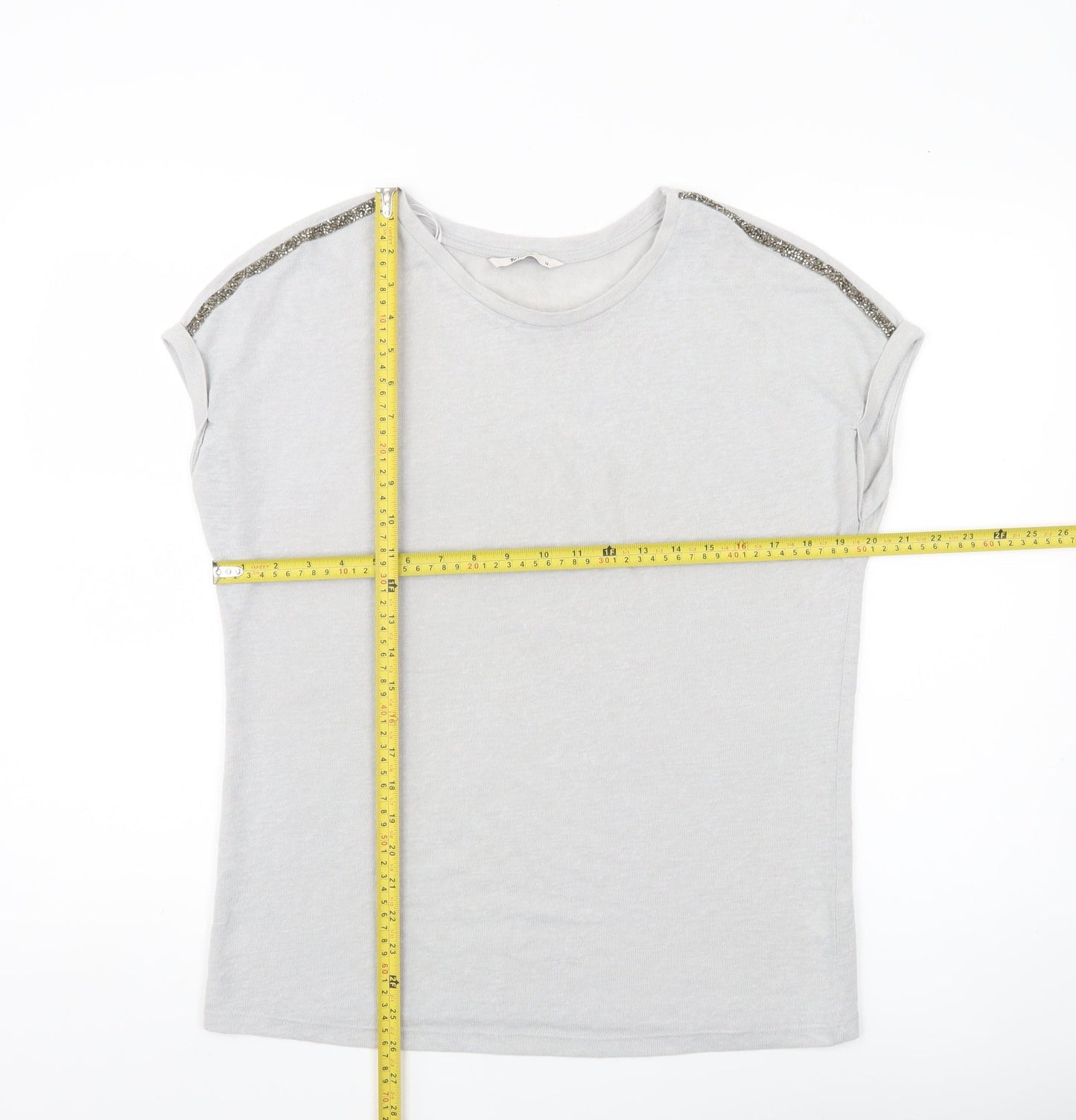 Tu Women Grey Sequin Shoulder Crew Neck T-Shirt Size 14