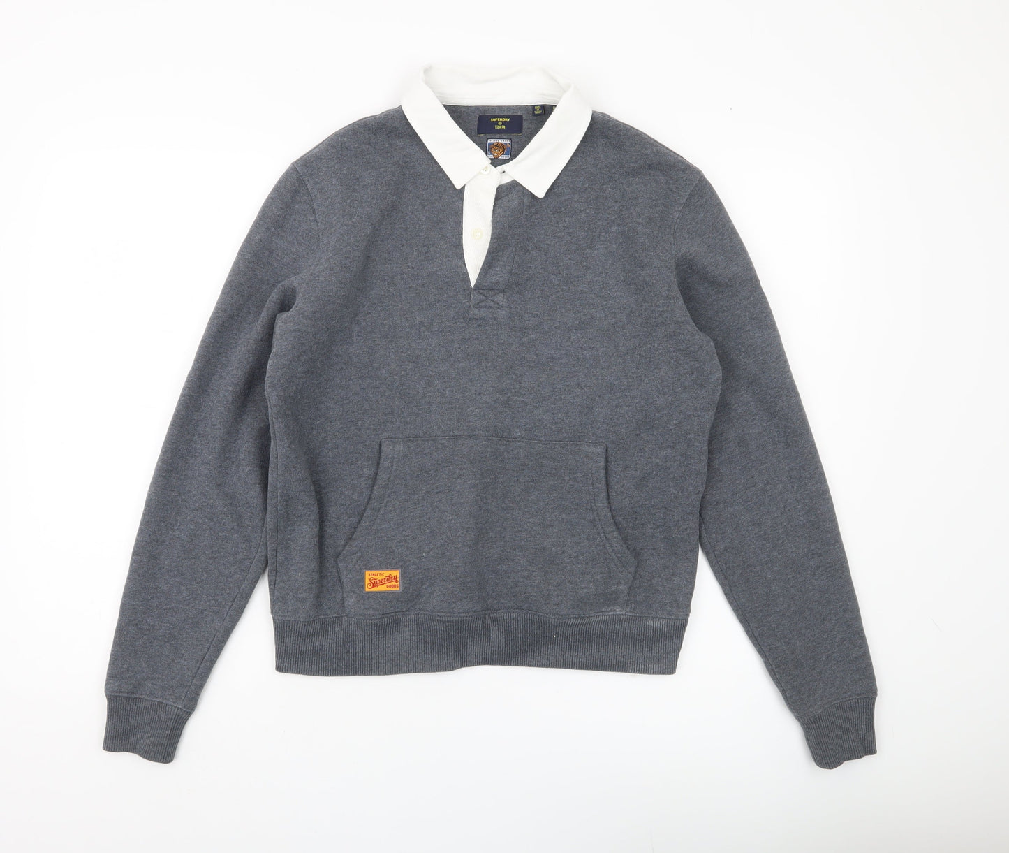 Superdry Womens Grey Henley Sweatshirt UK 8 Collared College Logo