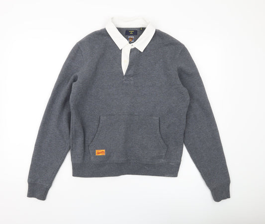 Superdry Womens Grey Henley Sweatshirt UK 8 Collared College Logo