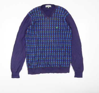 Lyle & Scott Men's Blue Argyle V-Neck Cotton Jumper Size M