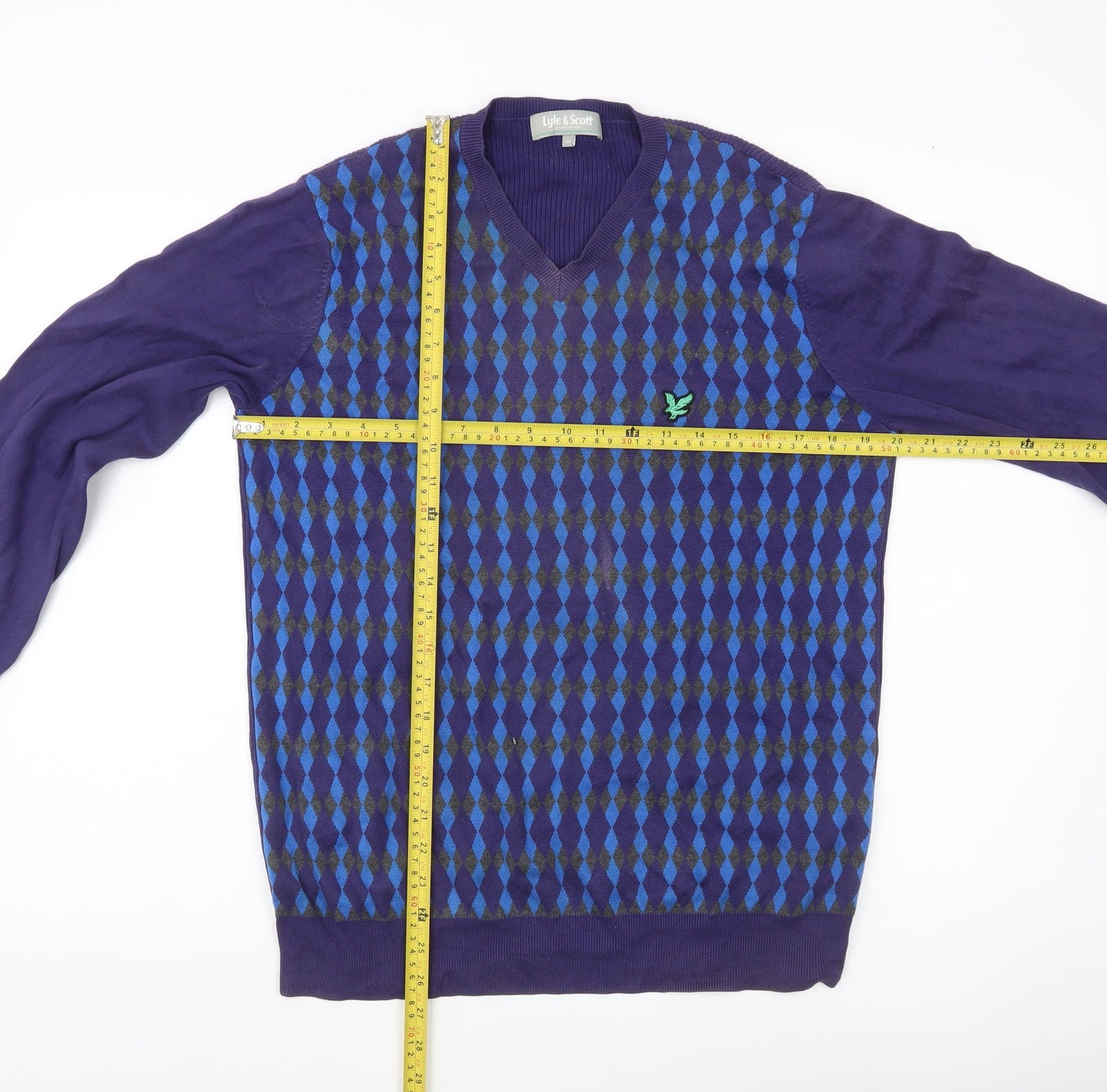 Lyle & Scott Men's Blue Argyle V-Neck Cotton Jumper Size M