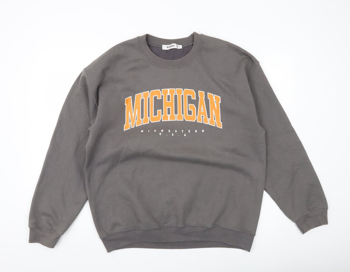 Missguided Unisex Grey College Michigan Sweatshirt Size L Crew Neck