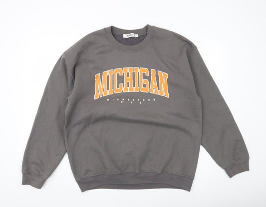 Additional front view of Missguided unisex grey college michigan sweatshirt, size L, crew neck
