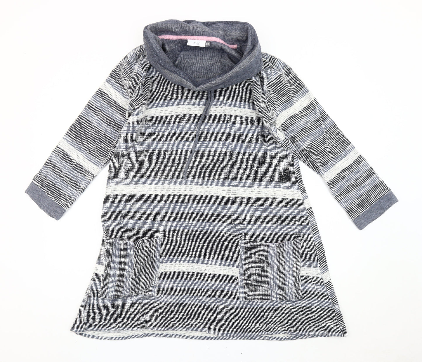 Adini Women’s Grey Striped Tunic Sweatshirt XS Cowl Neck Hooded