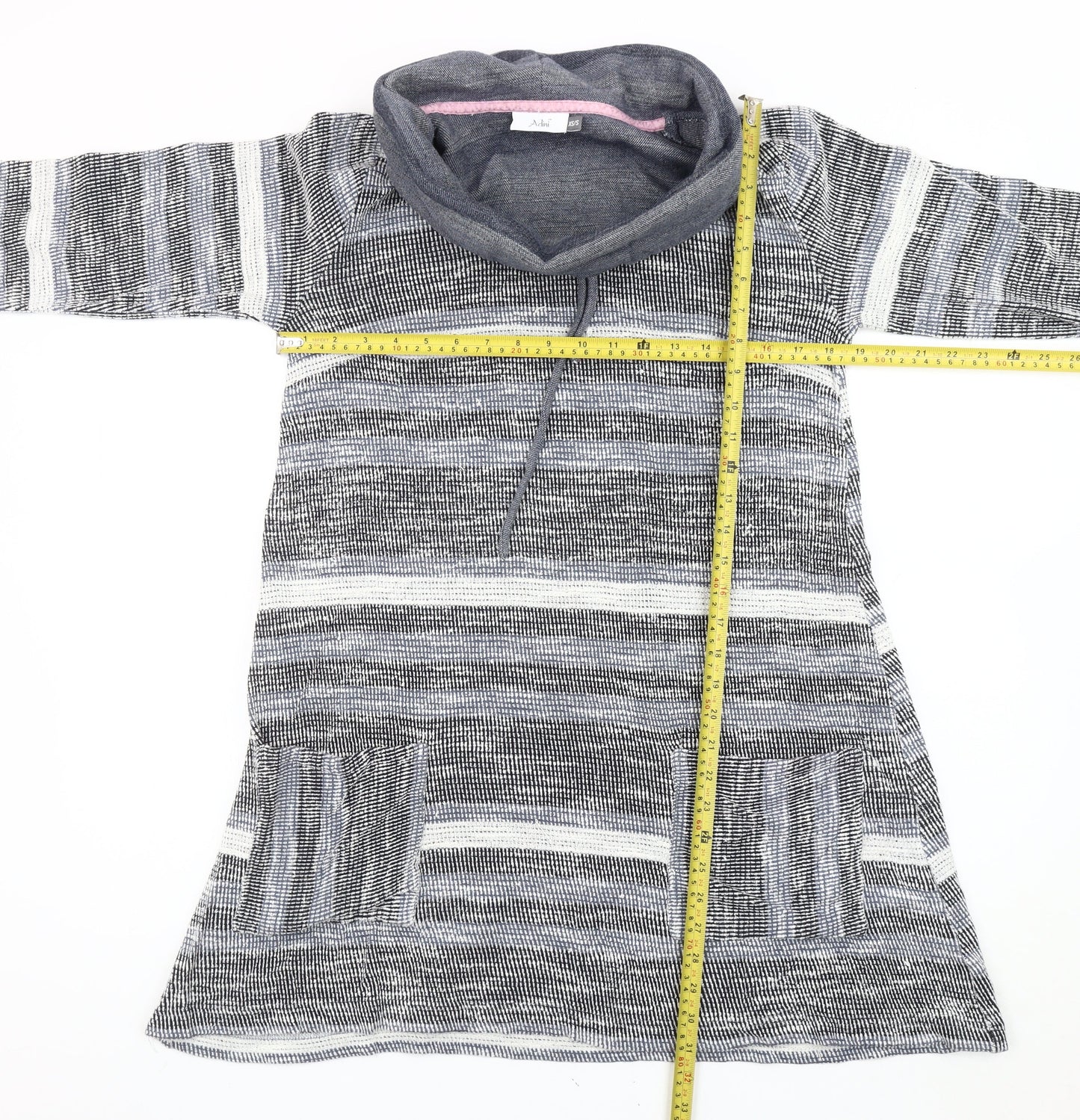 Adini Women’s Grey Striped Tunic Sweatshirt XS Cowl Neck Hooded