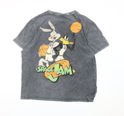 Space Jam Men's 2XL Grey Cotton Graphic T-Shirt Bugs Bunny Daffy Duck