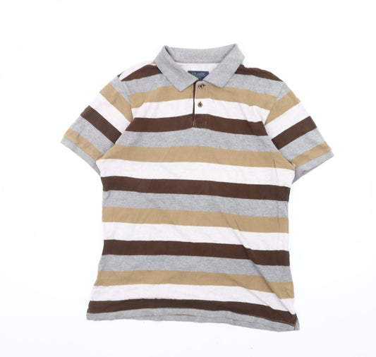 Atlantic Bay Men’s Brown Beige Grey Striped Polo Shirt M