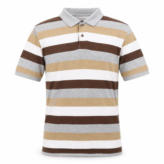 Front view of Atlantic Bay Men’s Brown Beige Grey Striped Polo Shirt M