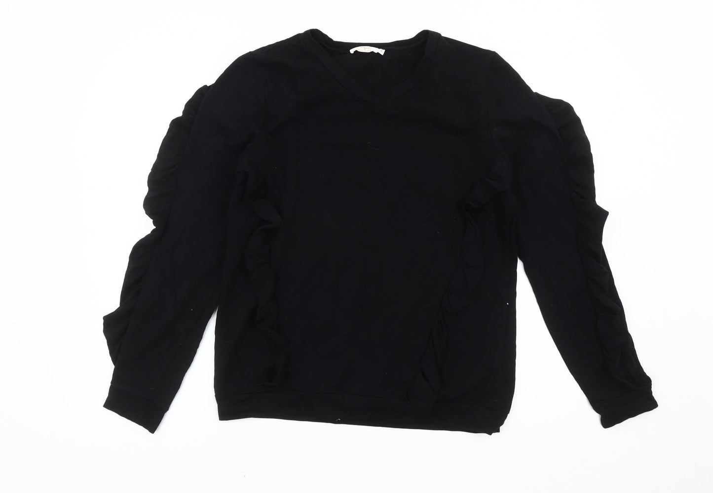 LUX Women’s Black Ruffle Pullover Sweatshirt Size M V-Neck Long Sleeve