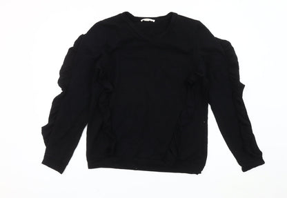 LUX Women’s Black Ruffle Pullover Sweatshirt Size M V-Neck Long Sleeve