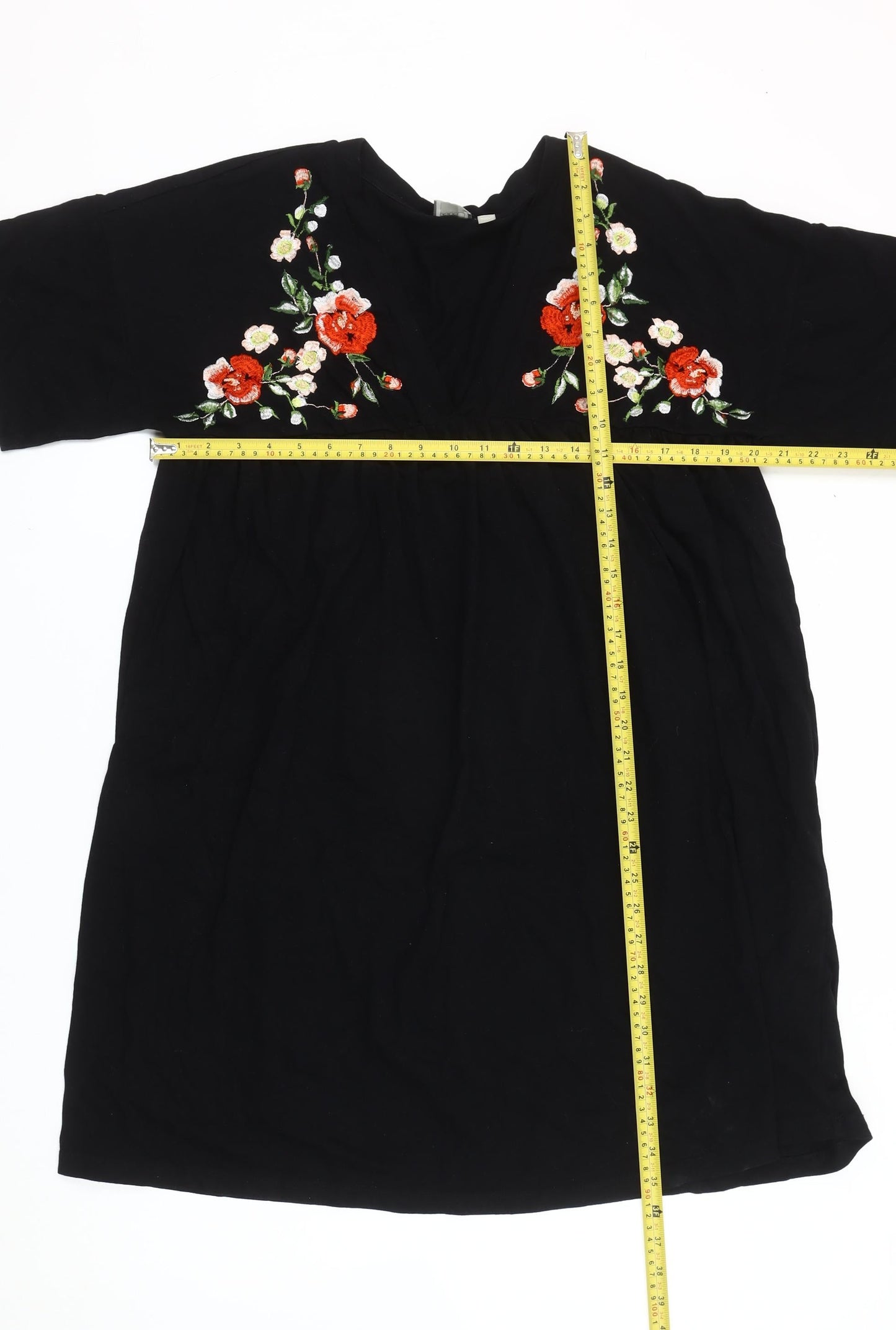 ASOS Women Black Embroidered Floral Shift Dress Size 14