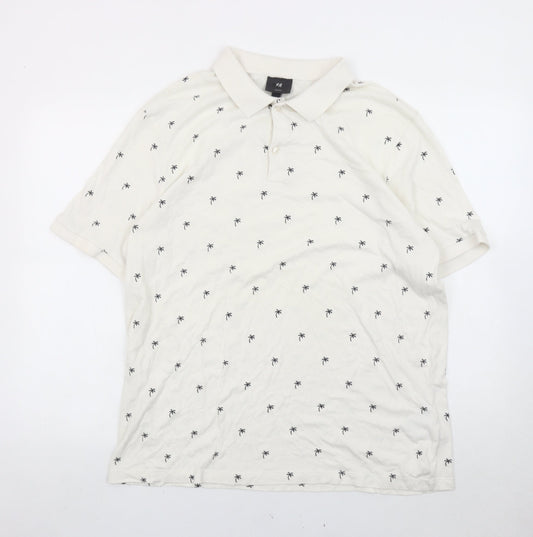H&M Men’s White Slim Fit Polo Shirt L Palm Print Cotton Summer