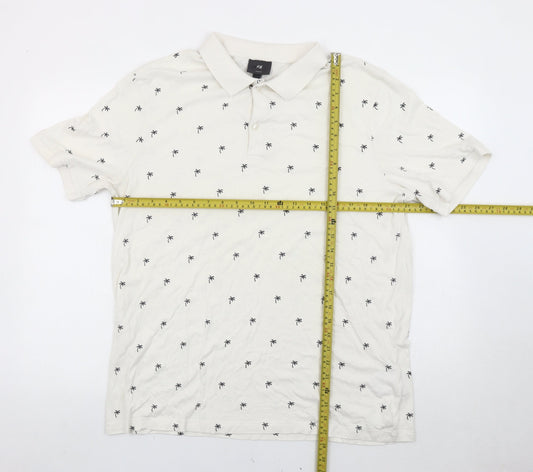 H&M Men’s White Slim Fit Polo Shirt L Palm Print Cotton Summer